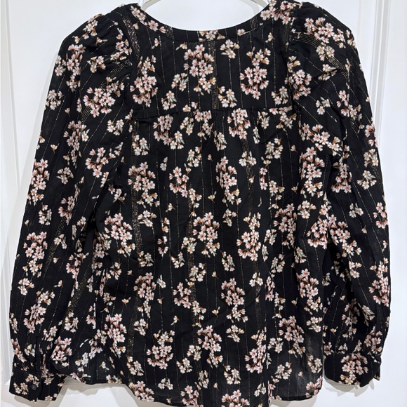 Women's Loft Black Shimmer Floral Tie Neck‎ Blouse Size XS - Picture 8 of 10